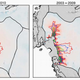 Elevation changeestimated using repeat Envisat radar altimetry on the left and laser altimetry combining ICESat-1 (GLAS) with OperationIceBridge (ATM and LVIS). Contours on the right. Colors denote surface ice speeds of: 125 (red), 250 (blue), and 500 (green) m/yr.